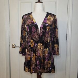 Vintage Espresso Purple & Gold Velvet Floral Open Cardigan